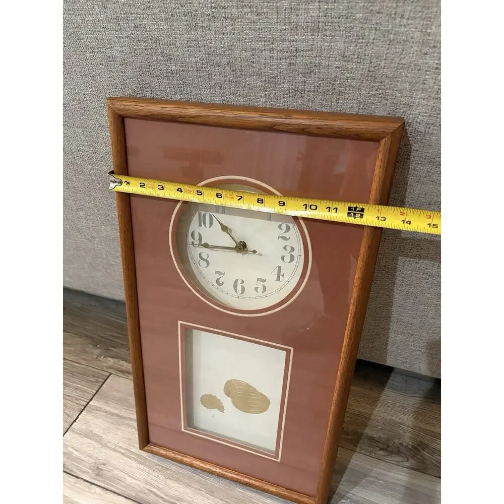 Boho 1970s Gold SHELL Wall CLOCK SOLID OAK FRAME Vintage BY FIJI —Works!—
